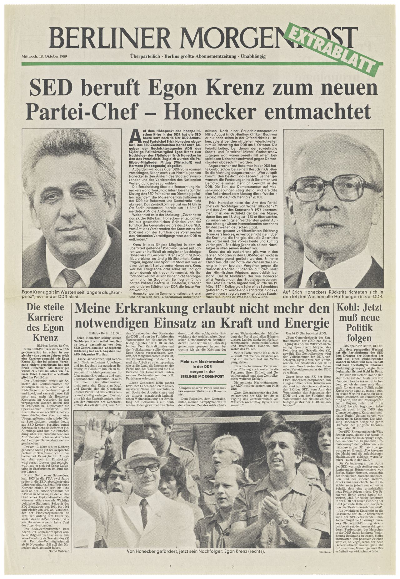 1 Blatt; doppelseitig bedruckt; Schlagzeile auf der Titelseite: SED beruft Egon Krenz zum neuen Partei-Chef - Honecker entmachtet; darunter schwarz/weiß-Fotos von Egon Krenz und Erich Honecker.