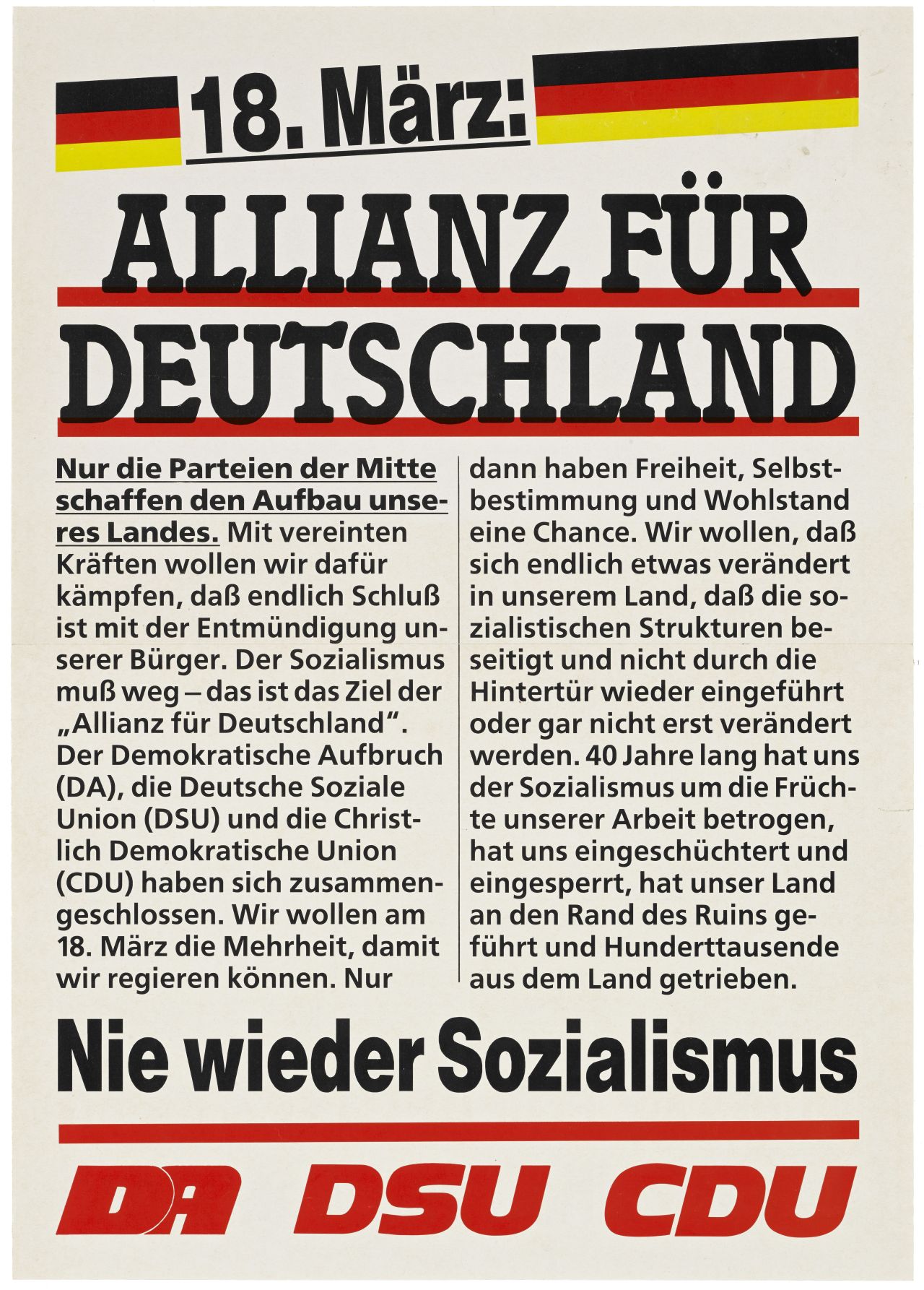 Allianz für Deutschland DA, DSU, CDU. DDR-Wahlkampf 18. März 1990. Beidseitig bedrucktes, illustriertes Flugblatt. Perspektiven über die Umgestaltung der DDR. (weißgrundig, Druck: schwarz-rot-gold)