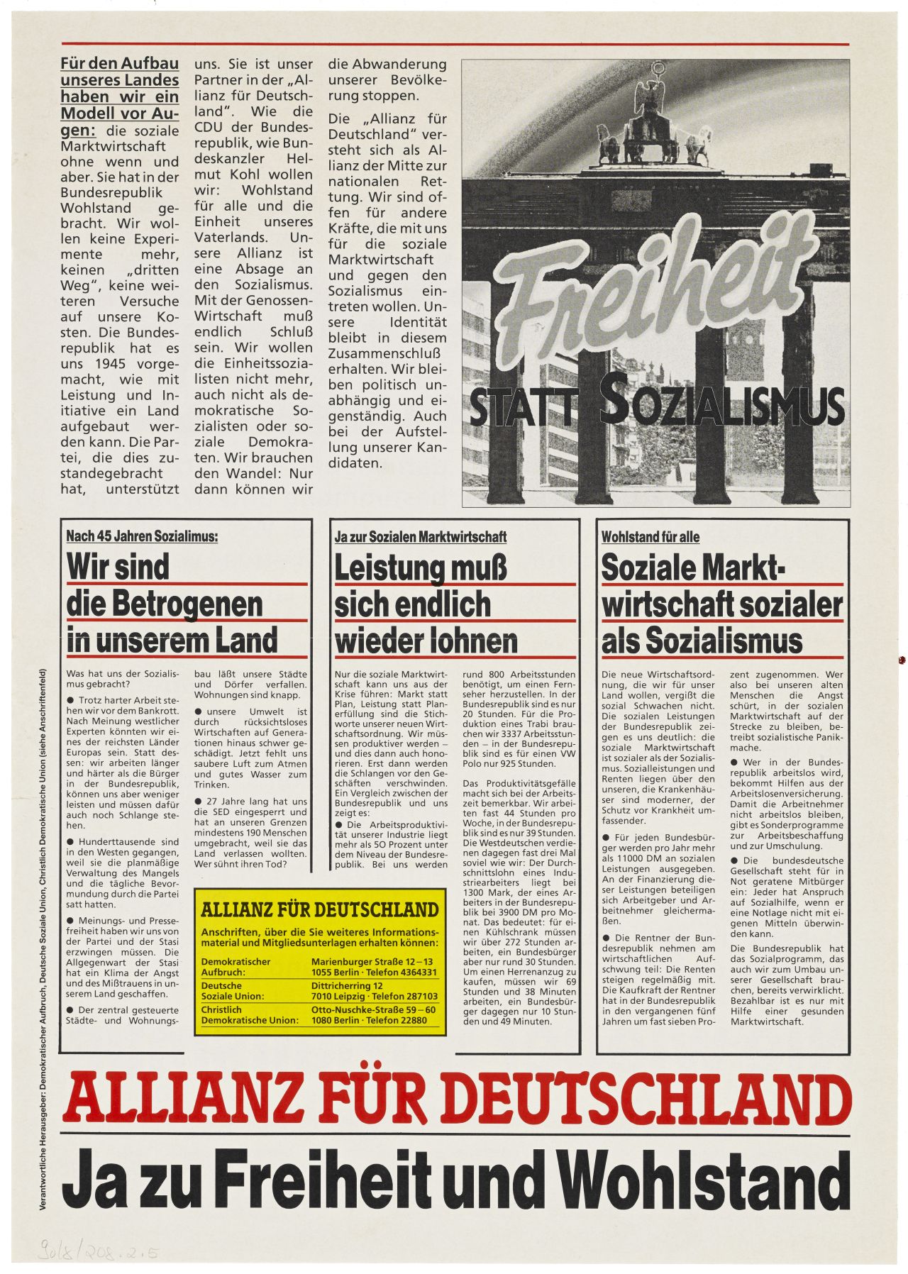 Allianz für Deutschland DA, DSU, CDU. DDR-Wahlkampf 18. März 1990. Beidseitig bedrucktes, illustriertes Flugblatt. Perspektiven über die Umgestaltung der DDR. (weißgrundig, Druck: schwarz-rot-gold)