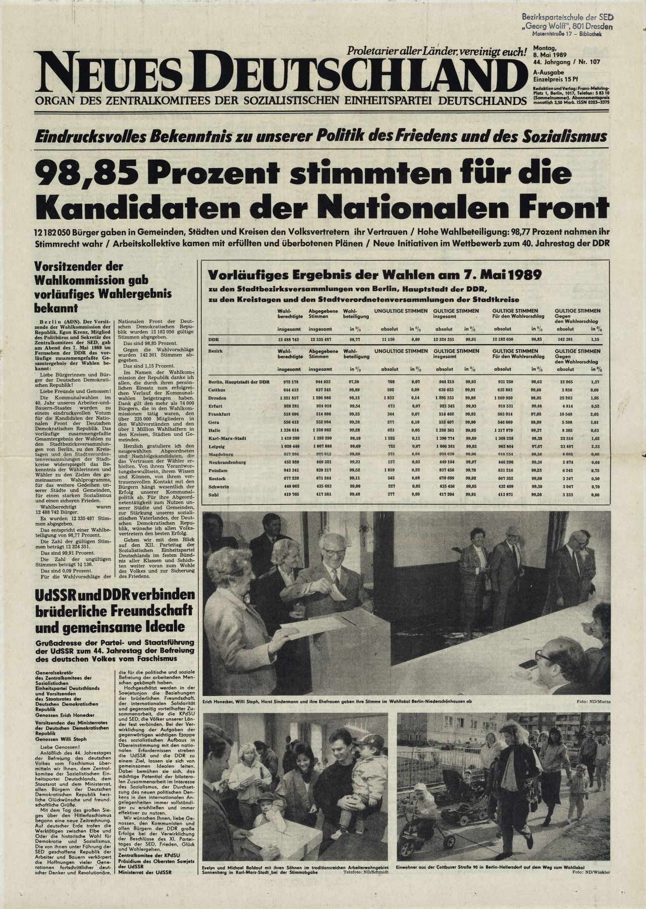 Achtseitig; Schlagzeile auf der Titelseite: Eindrucksvolles Bekenntnis zu unserer Politik des Friedens und des Sozialismus / 98,85 Prozent stimmten für die /Kandidaten der Nationalen Front; Tabelle mit dem vorläufigen Ergebnis der Wahlen am 7. Mai 1989 / zu den Stadtbezirksversammlungen von Berlin, Hauptstadt der DDR, / zu den Kreistagen und den Stadtverordnetenversammlungen der Stadtkreise; mit drei s/w-Fotos. Auf den anderen Seiten weitere Berichte zur Wahl.