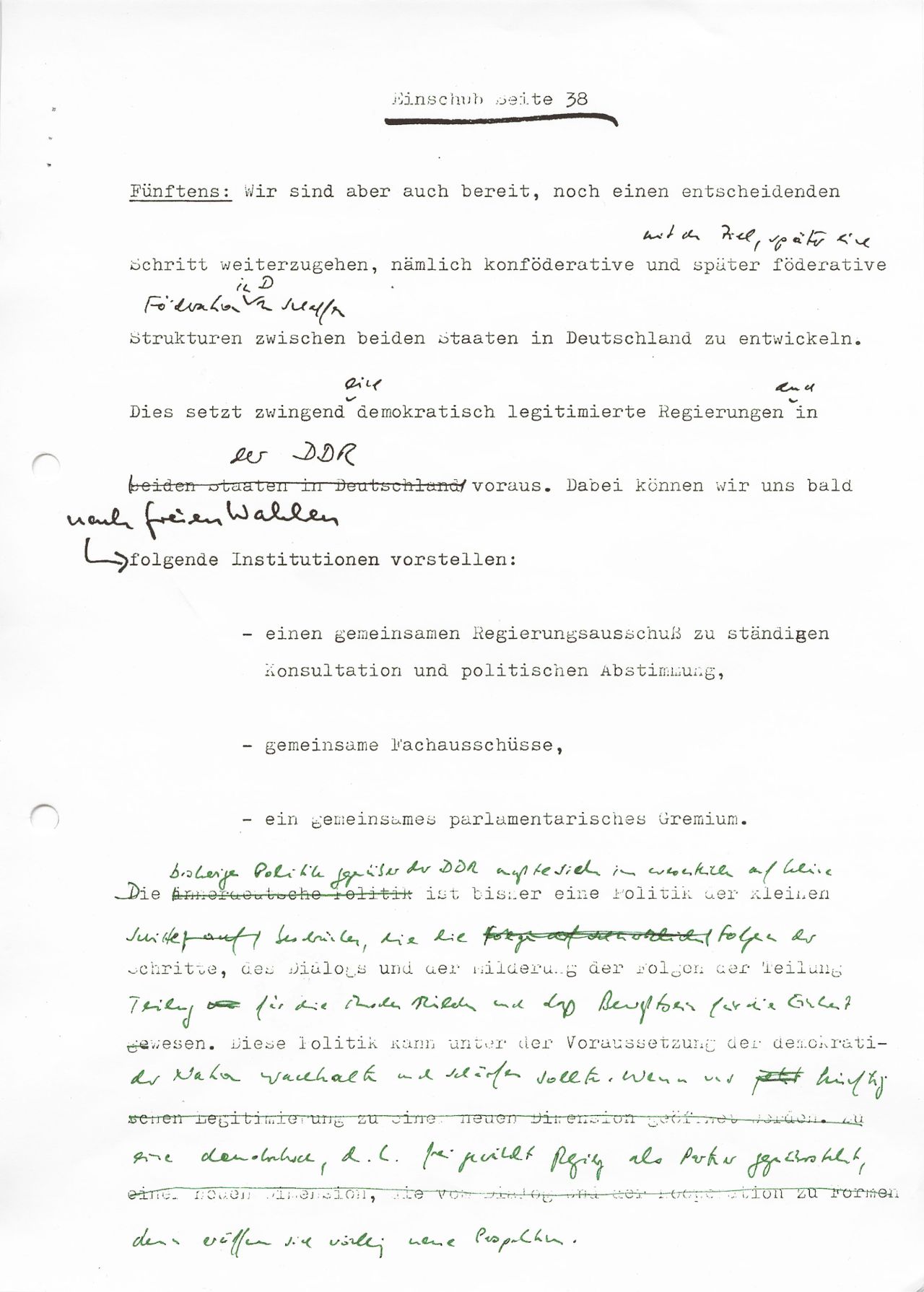 Zwei einseitig beschriebene Blätter; Blatt 1 (Seite 38): Deutschland erfordern ein immer dichteres Netz von / Vereinbarungen in allen Bereichen und auf allen Ebenen ... / Ich rufe alle gesellschaftlichen Gruppen und Institutionen auf, an der Ausgestaltung einer solchen / Vertragsgemeinschaft mitzuwirken ...; Text Fünftens unten durchgestrichen; Blatt 2 (Einschub Seite 38): Fünftens: Wir sind aber auch bereit, noch einen entscheidenden / Schritt weiterzugehen, nämlich konföderative und später föderative / Strukturen zwischen beiden deutschen Staaten in Deutschland zu entwickeln ... (mit zahlreichen handschriftlichen Ergänzungen).