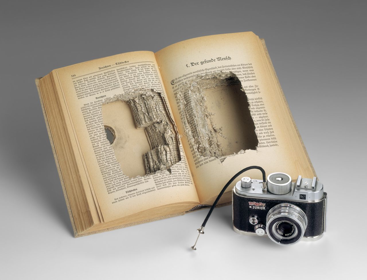 Aufgeschlagenes, schräg aufgestelltes Buch, Seitenblock mittig ausgehöhlt; Loch im vorderen Buchdeckel. Vor dem Buch steht eine Kamera mit Fernauslöser und der Aufschrift 'Robot Junior'.