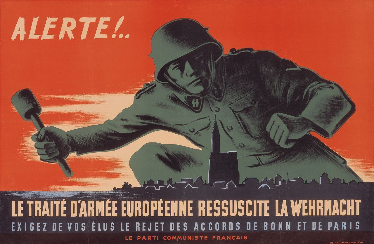 Soldat der Wehrmacht mit Handgranate steht drohend über eine europäische Stadt. Unterzeile: Le traite d`Armée Européenne ressuscite la Wehrmacht exigez de vos élus le rejet des accords de Bonn et de Paris.