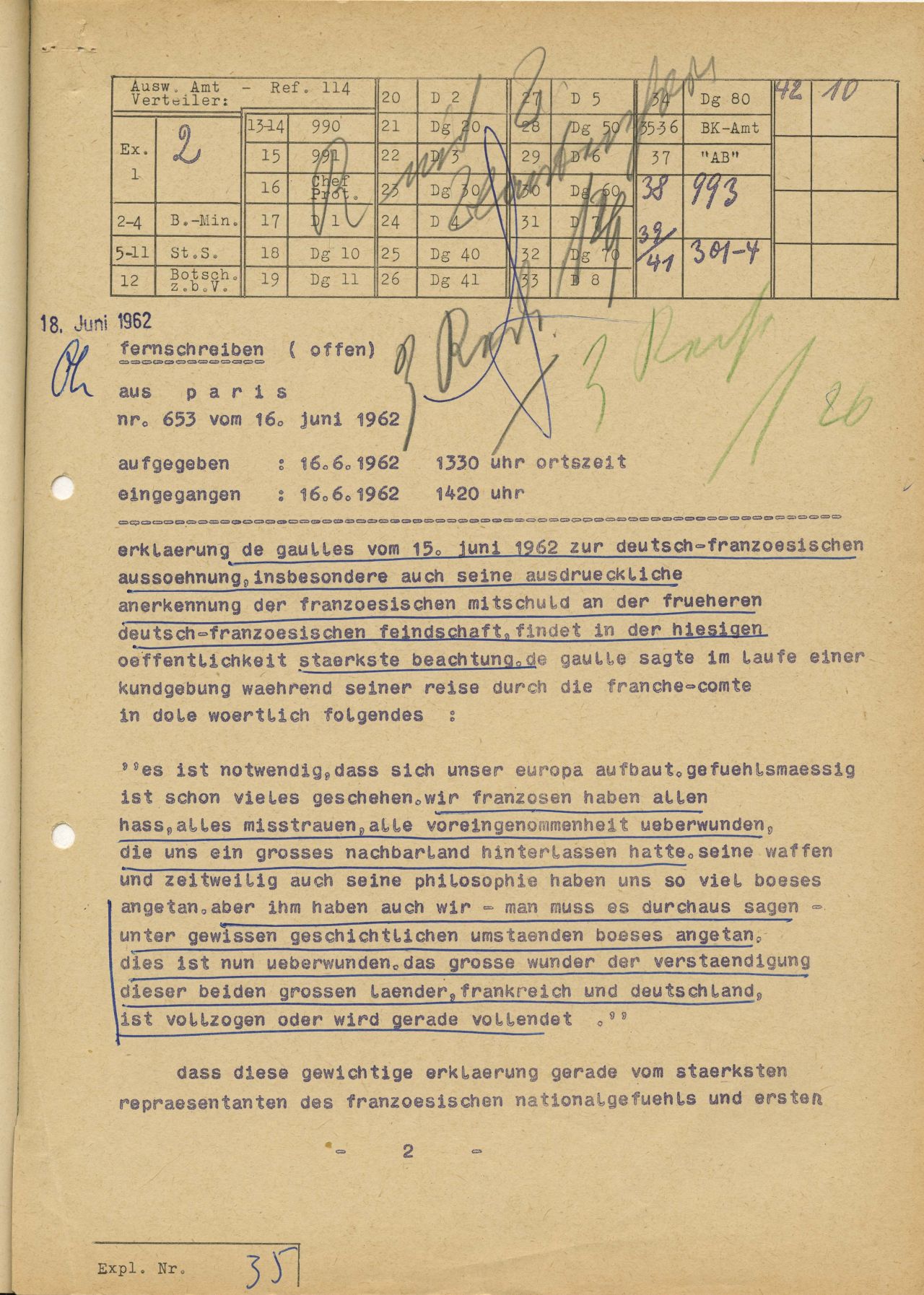 Der französische Staatspräsident Charles de Gaulle erkennt bei einer Kundgebung in Frankreich die französische Mitschuld an der früheren deutsch-französischen Feindschaft an.