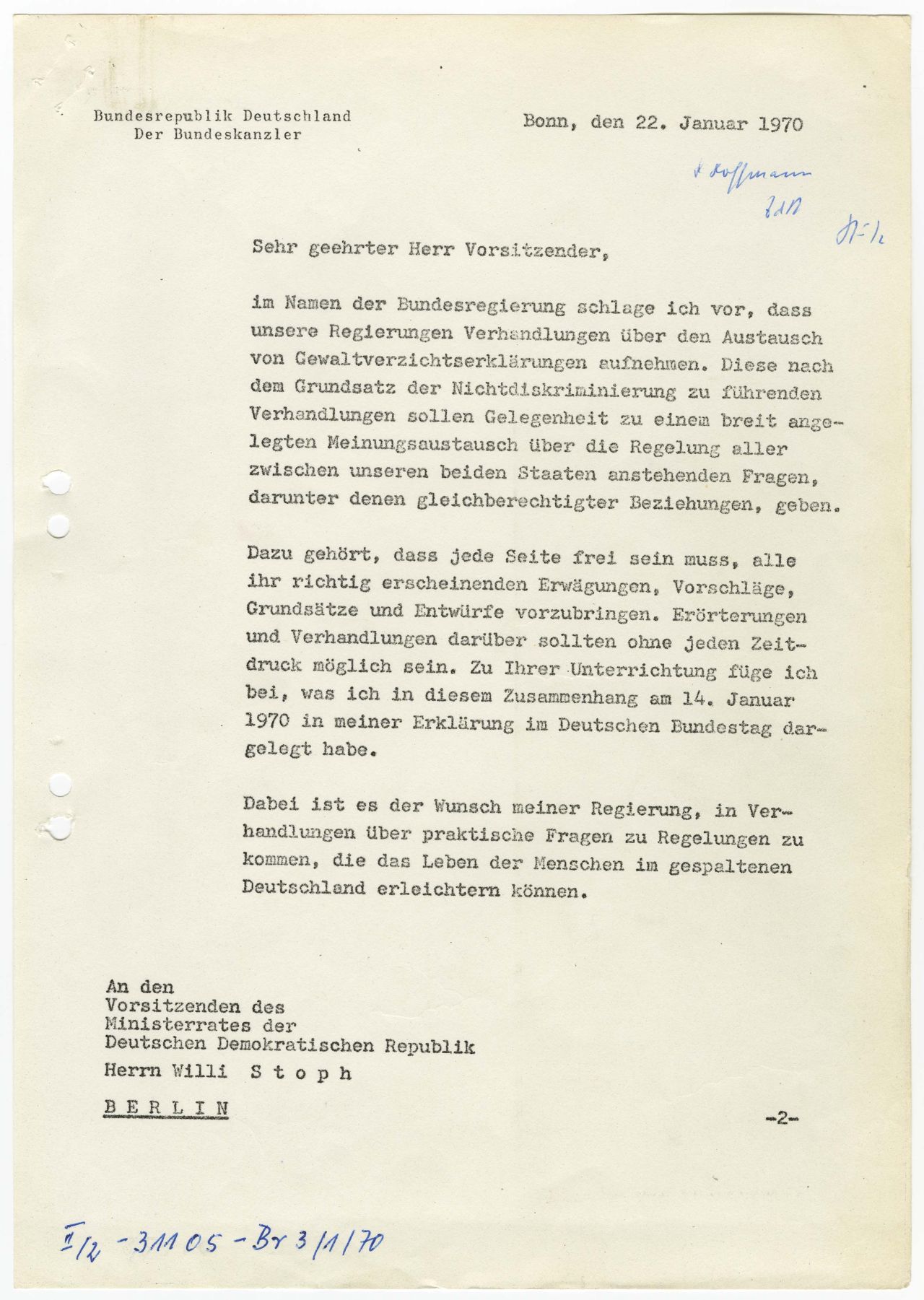 Bundeskanzler Willy Brandt lädt den DDR-Ministerratsvorsitzenden Willy Stoph zu Gesprächen ein.