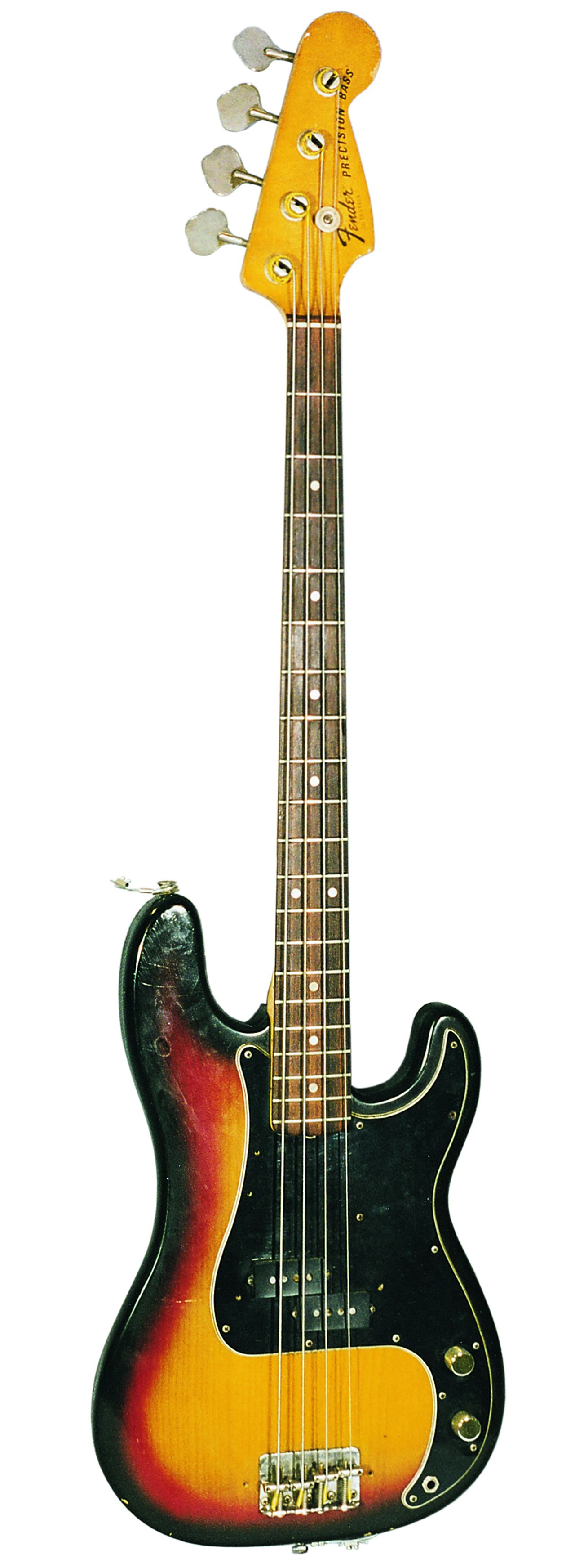 4-saitige E-Bass-Gitarre aus Holz und Metall in den Farben Braun, Rot und Beige der Marke Fender Precission Bass, USA.