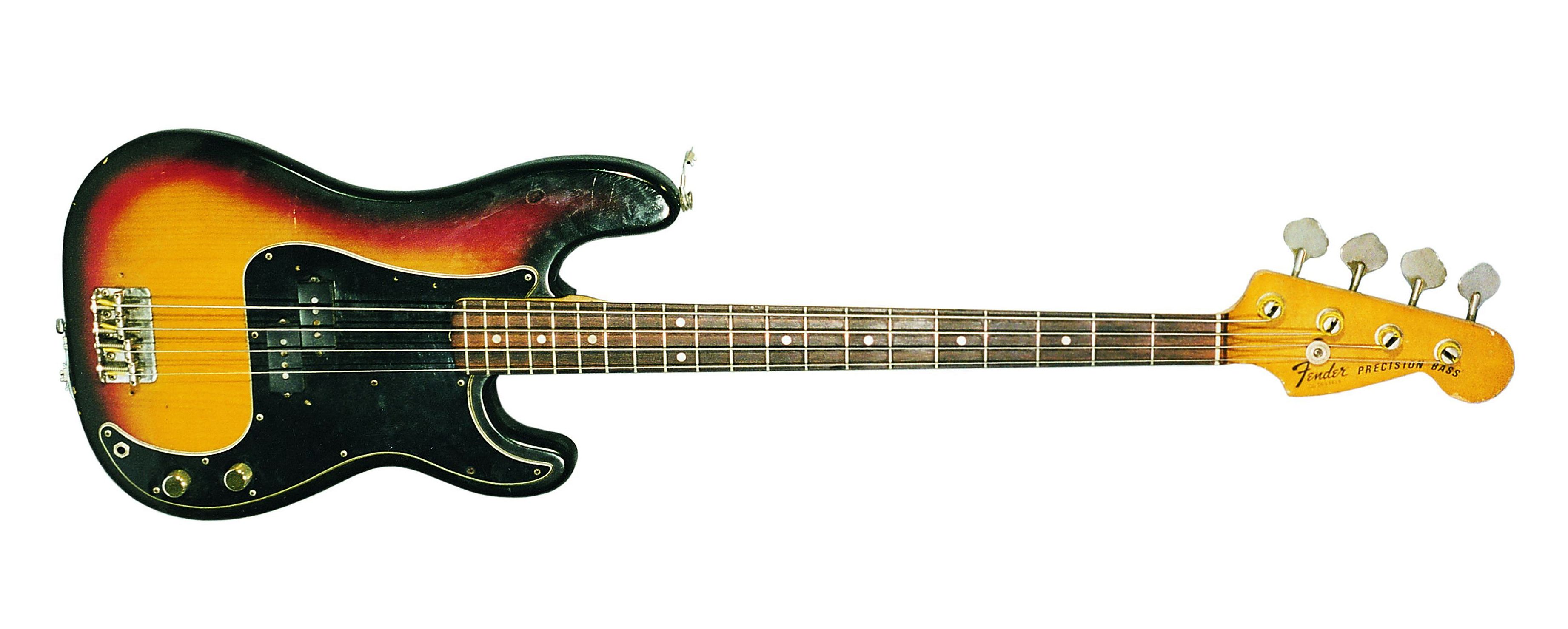 4-saitige E-Bass-Gitarre aus Holz und Metall in den Farben Braun, Rot und Beige der Marke Fender Precission Bass, USA.