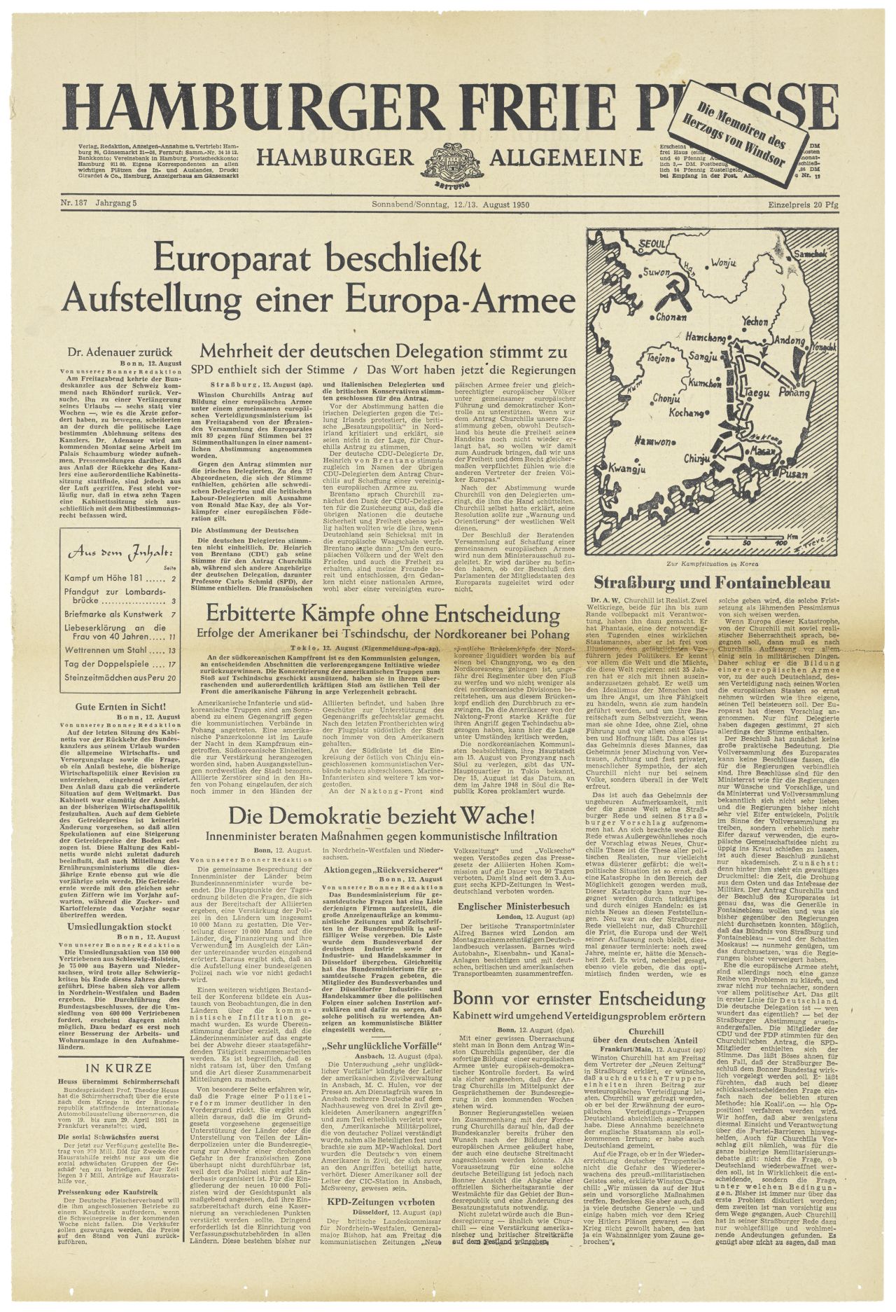 Titelseite: Hamburger Freien Presse, 12.-13.08.1950, Hauptschlagzeile: Europarat beschließt Aufstellung einer Europa-Armee sowie: Erbitterte Kämpfe ohne Entscheidung, Die Demokratie bezieht Wache, Bonn vor ernster Entscheidung, rechts oben Karte von Korea.