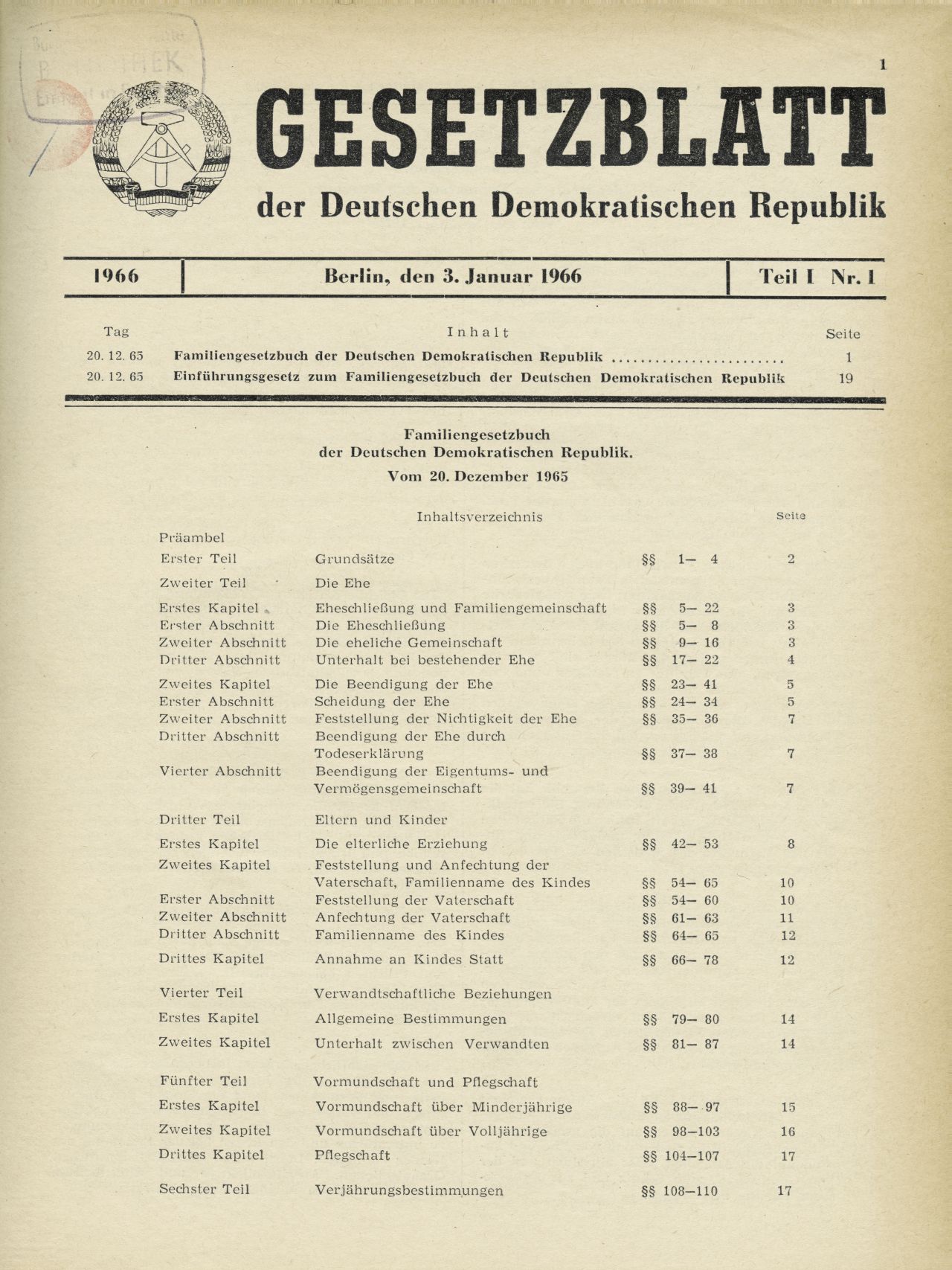 Inhaltsverzeichnis des Familiengesetzbuches der DDR.