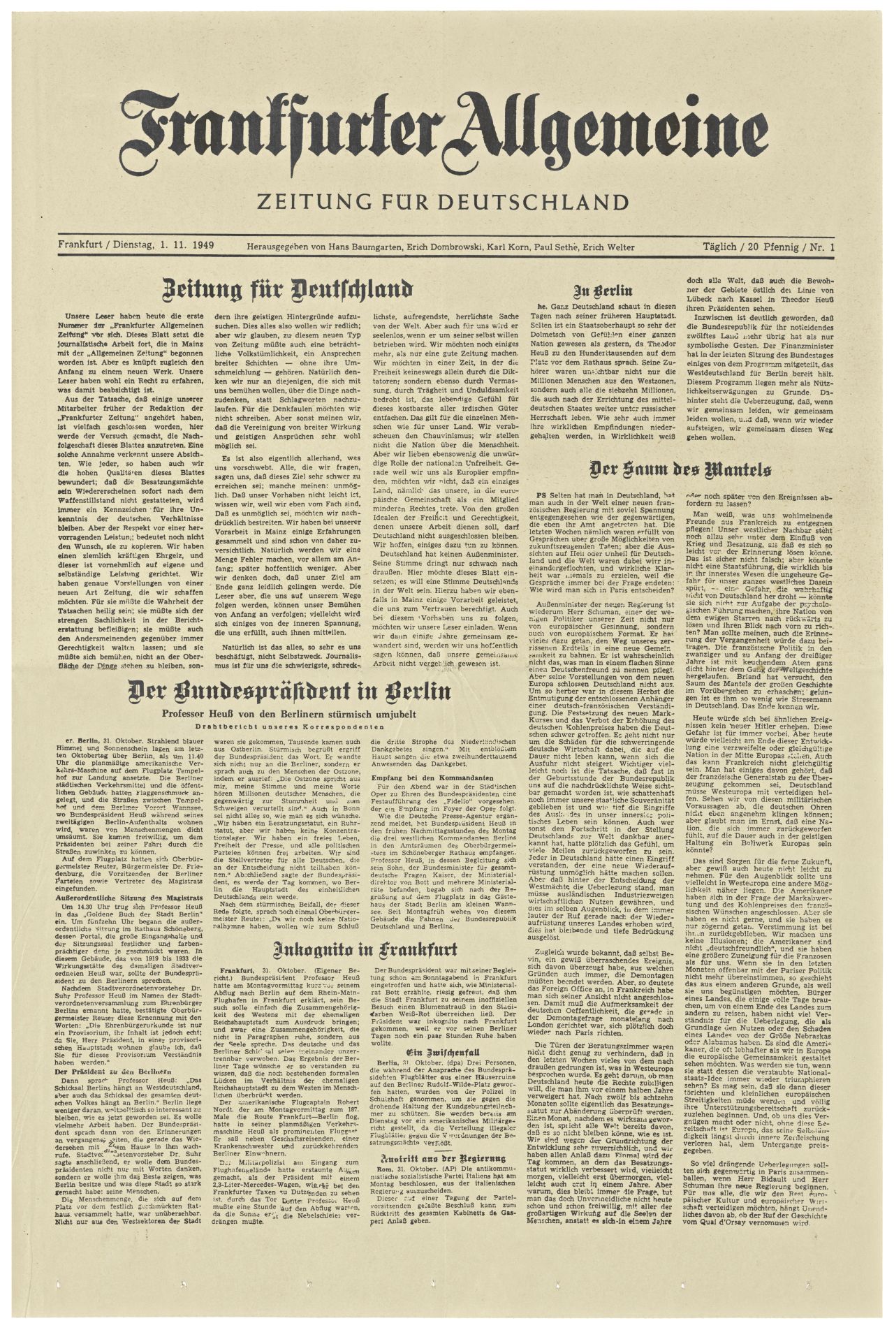 Ausgabe der ersten Frankfurter Allgemeine. Zeitung für Deutschland; Hauptschlagzeilen auf der Titelseite: 
