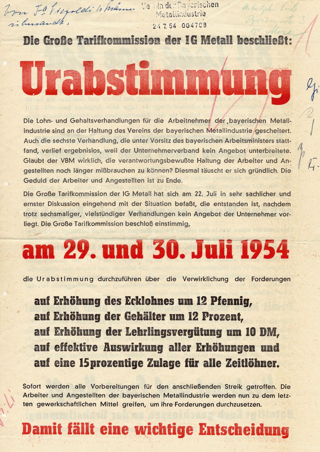 Flugblatt zur Urabstimmung am 29. und 30. Juli 1954