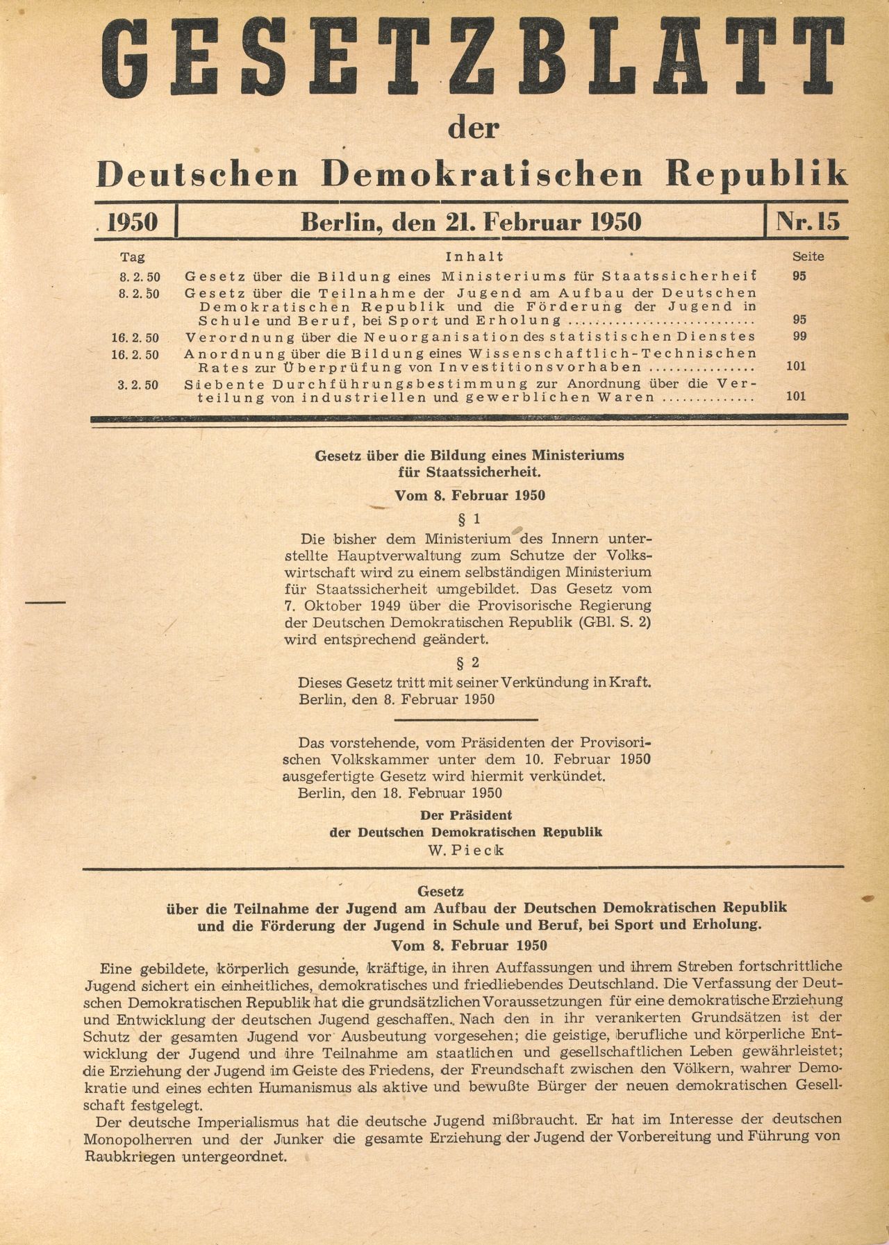 Überschrift: Gesetzesblatt (groß) der Deutschen Demokratischen Republik (Unterzeile). Darunter Datum, Ausgabe, Inhaltsverzeichnis. Anschließend das Gesetz über die Bildung eines Ministeriums für Staatssicherheit mit 2 Artikeln. Dann der nächste Gesetzestext.