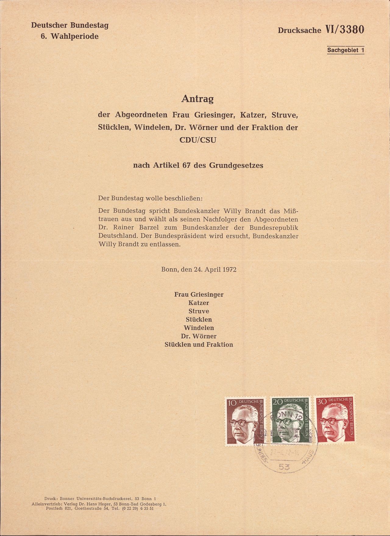 Konstruktives Misstrauensvotum gegen Bundeskanzler Willy Brandt 1972