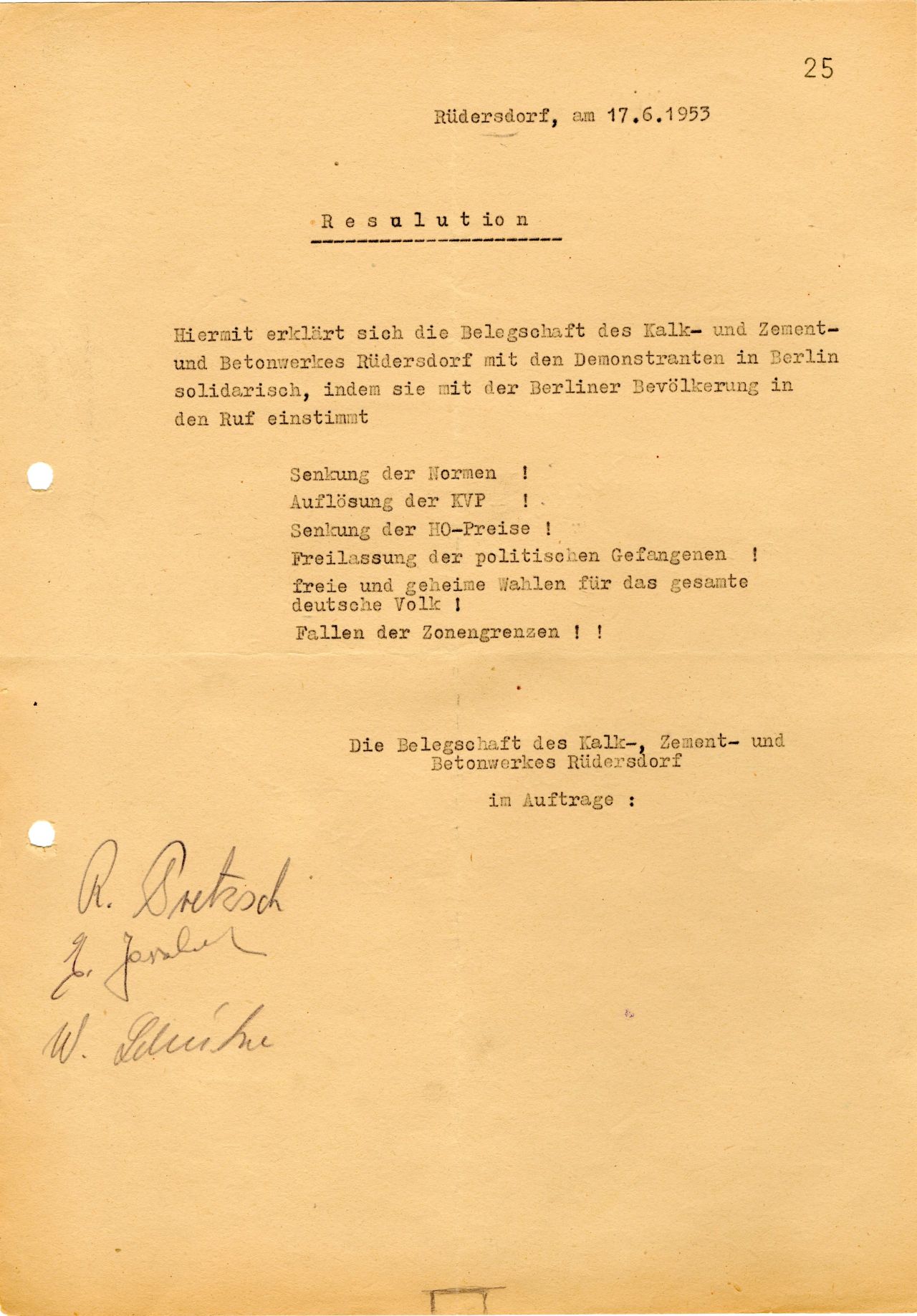 In ihrer Resolution vom 17. Juni 1953 erklärt sich die Belegschaft des Kalk- und Zement- und Betonwerkes in Rüderdorf mit den Demonstranten solidarisch. 