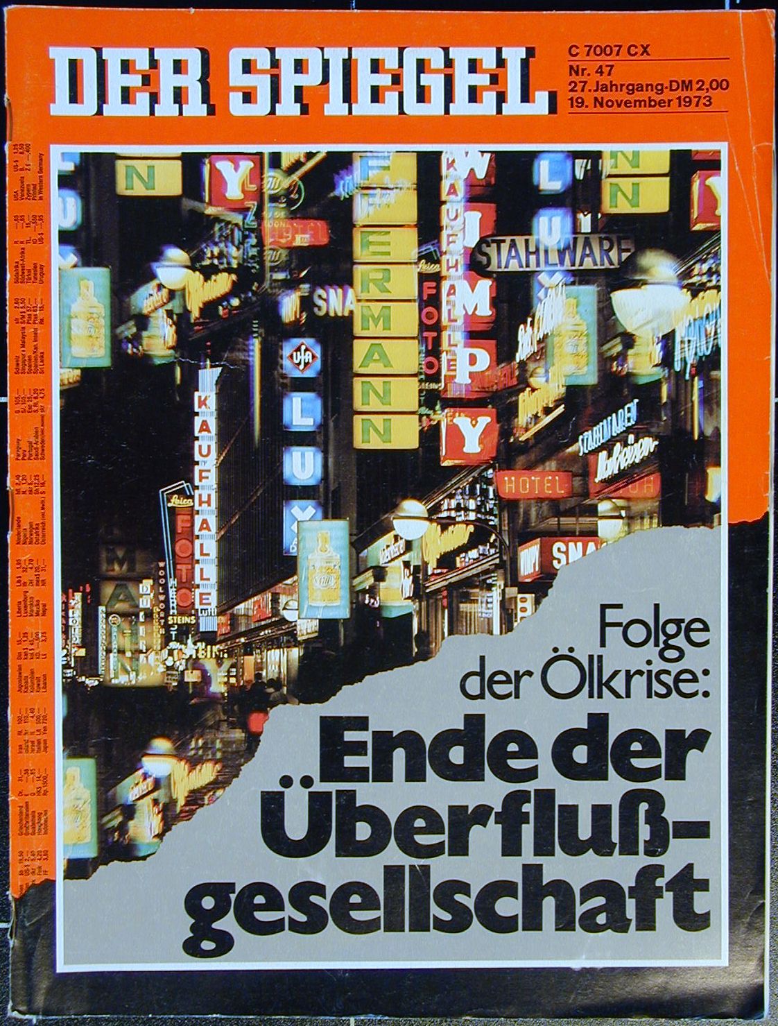 Vorderseite farbige Abbildung einer Fußgängerzone mit beleuchteten Reklametafeln; Schlagzeile: Folge der Ölkrise: Ende der Überflußgesellschaft.