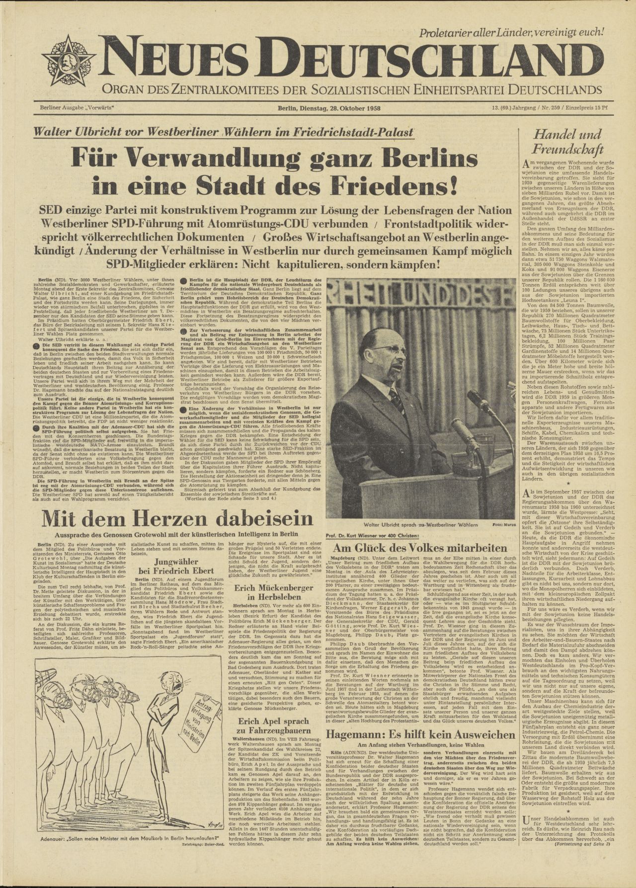 Titelseite oben Artikel: Walter Ulbricht vor Westberliner Wählern im Friedrichstadt-Palast / Für Verwandlung ganz Berlins / in eine Stadt des Friedens!, dazu auch Schwarz/weiß-Fotografie Walter Ulbrichts.
