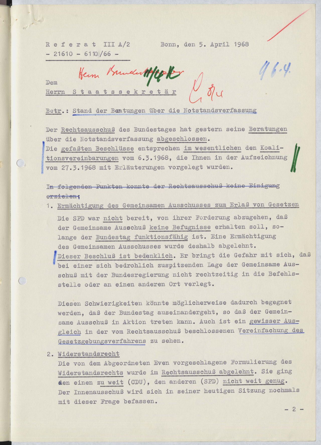 Vermerk für Bundeskanzler Kurt Georg Kiesinger über die abschließende Beratung im Rechtsausschuss des Deutschen Bundestages