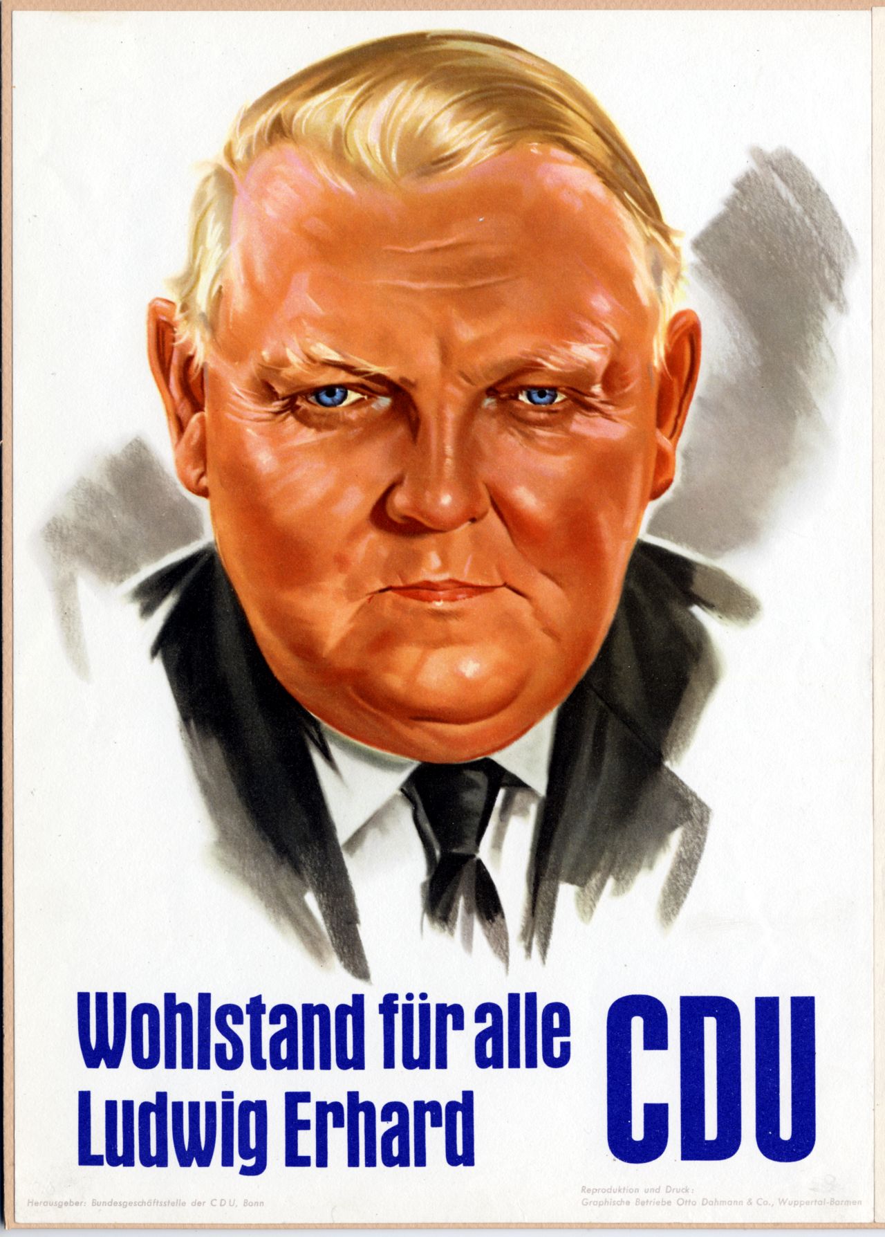 Farbige Porträtzeichnung von Ludwig Erhard. Darunter blauer Plakattext.   