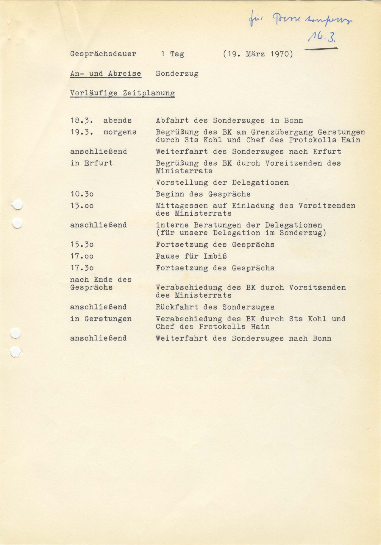 Zeitplan für das Gipfeltreffen von Bundeskanzler Willy Brandt mit dem Vorsitzenden des Ministerrats der Deutschen Demokratischen Republik (DDR), Willi Stoph, am 19. März 1970 in Erfurt.