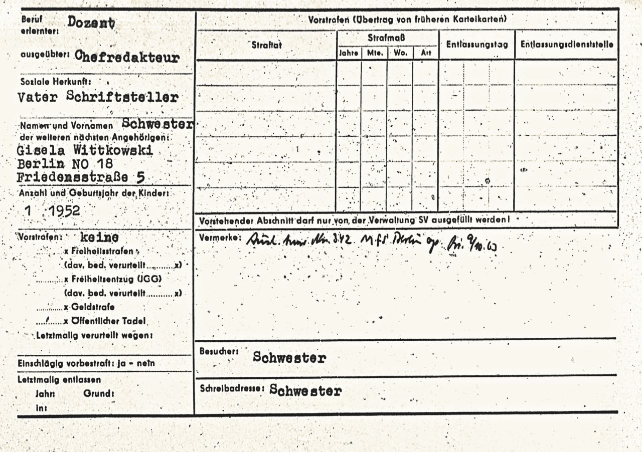 Karteikarte Wolfgang Harichs aus der Haftanstalt Bautzen