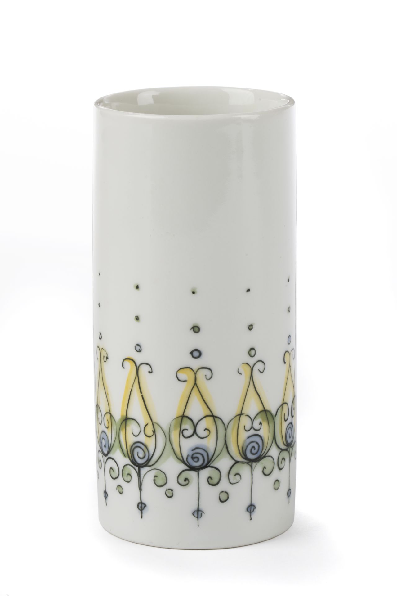 Weiße zylindrische Porzellanvase in Röhrenform mit gelb-grün-blauem sich wiederholendem abstraktem Dekor.