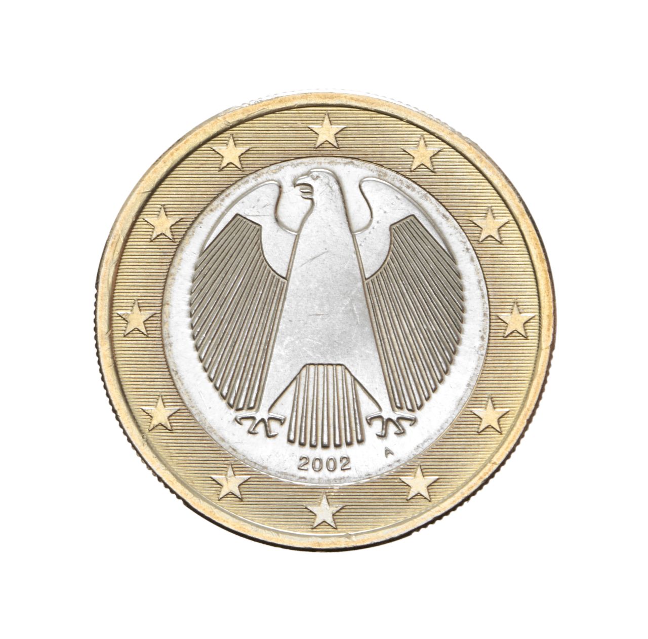 Rückseite; Bicolor-Münze: Rand gold-, innen silberfarben. Innen: Bundesadler, darunter in klein Jahreszahl '2002' und Münzbuchstabe 'A'; am Rand umgeben von 12 Sternen. Stäbchenrand mit glatten Unterbrechungen um die Münze.