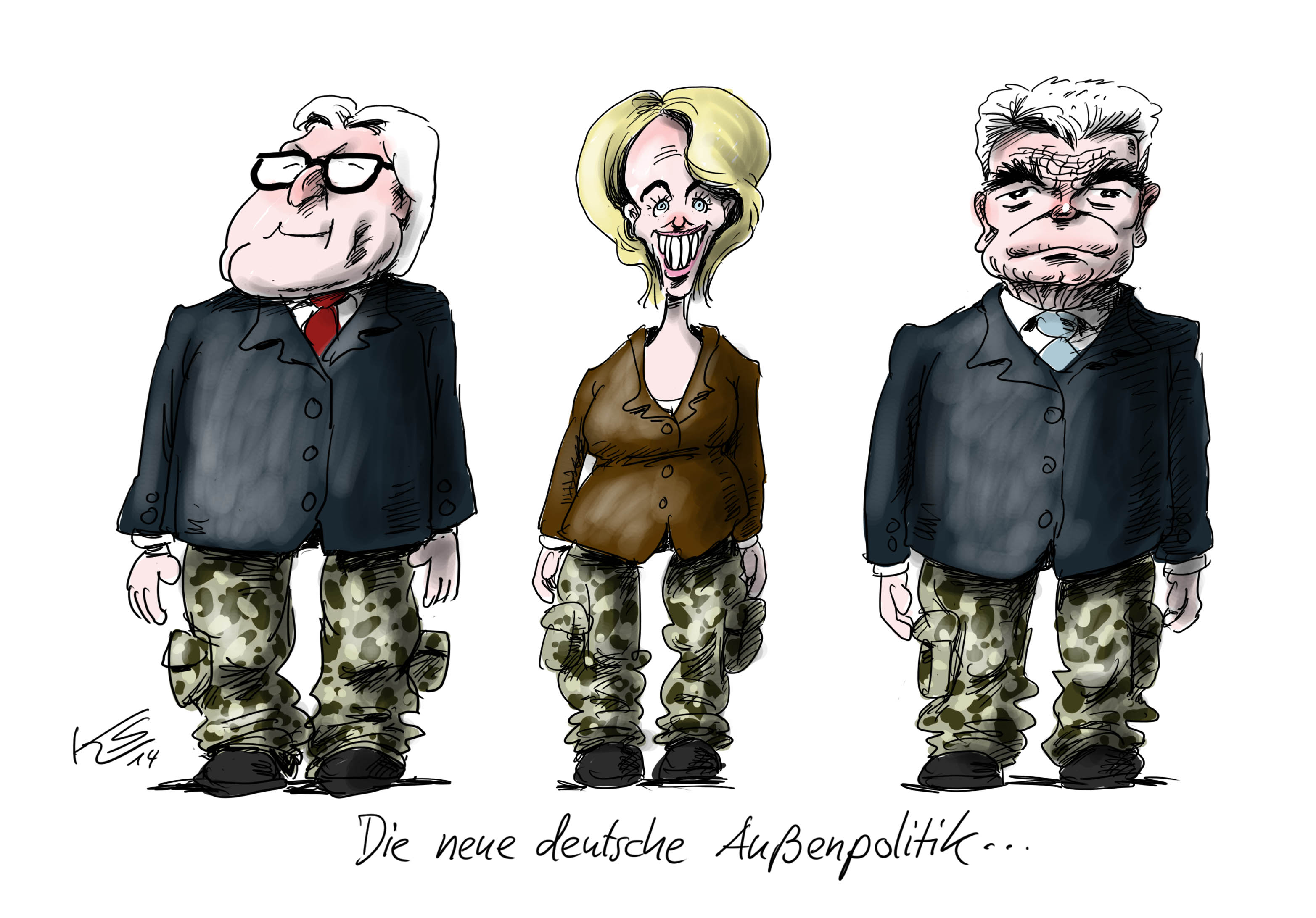 Karikatur von Klaus Stuttmann mit dem Titel 'Die neue deutsche Außenpolitik'. Zu sehen sind Frank-Walter Steinmeier, Ursula von der Leyen und Joachim Gauck. Alle drei tragen einen Balzer, die Männer auch Hemd und Krawatte. An den Beinen tragen alle drei jedoch Armeehosen.