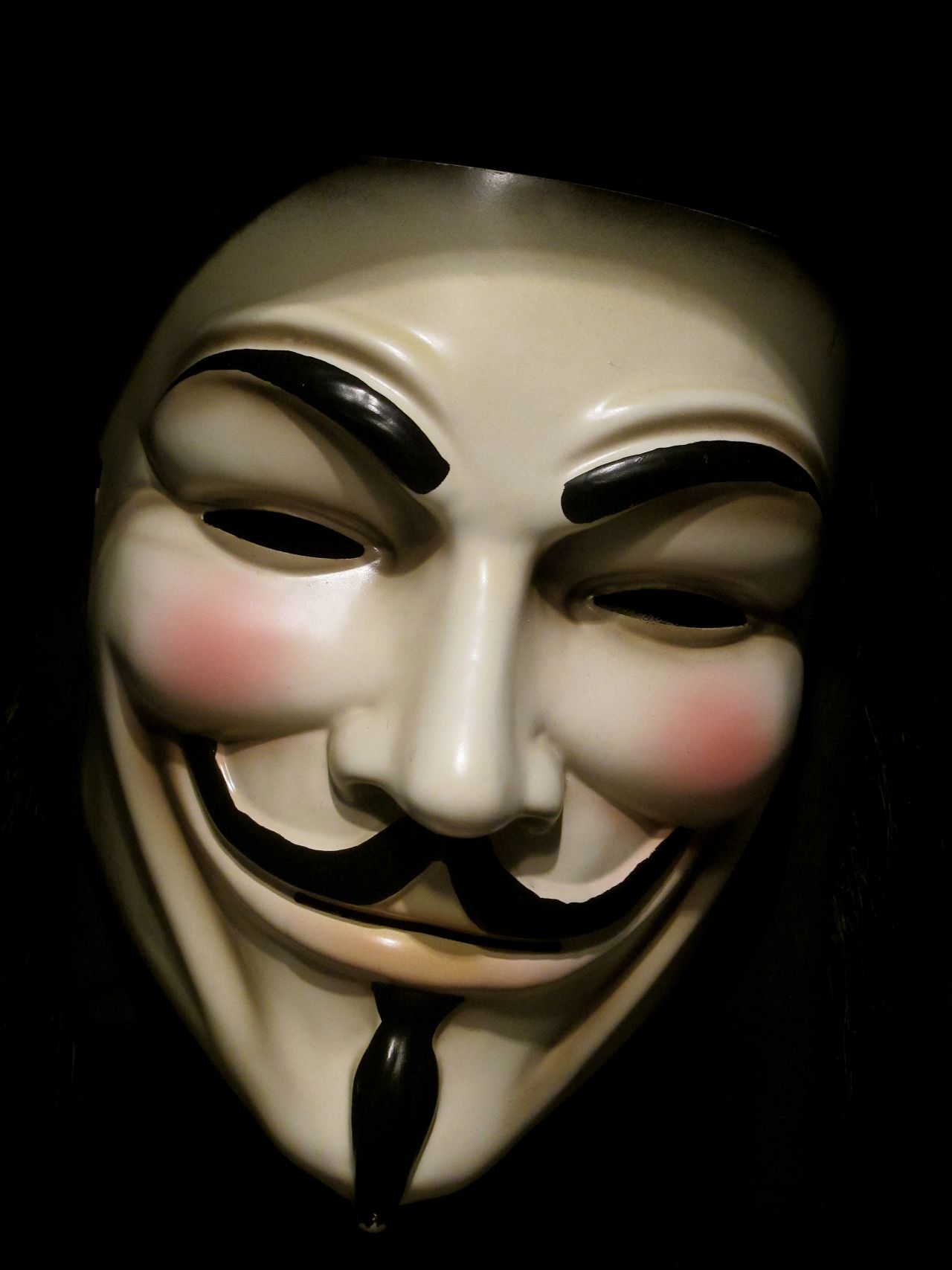 Eine Maske mit der Form des Gesichtes des Revolutionärs Guy Fawkes. Die Haut ist weiß mit einem gelbgrünen Stich. Das Gesicht hat ein ironisches Lächeln, das durch angehobenen, stark geschwungene Augenbrauen betont wird. Außerdem hat das Gesicht einen schwarzen Spitzbart und einen schmalen Kinnbart und rosafarbene Kreise auf den Wangen. Löcher für die Augen sind ausgeschnitten.