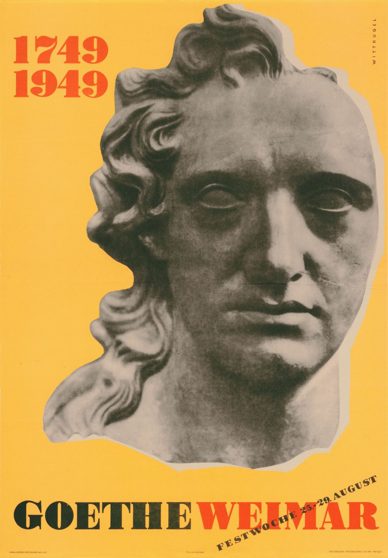 Plakat mit einer grauen Büste des jungen Goethe auf gelbem Hintergrund und den beiden großen Schriftzügen 