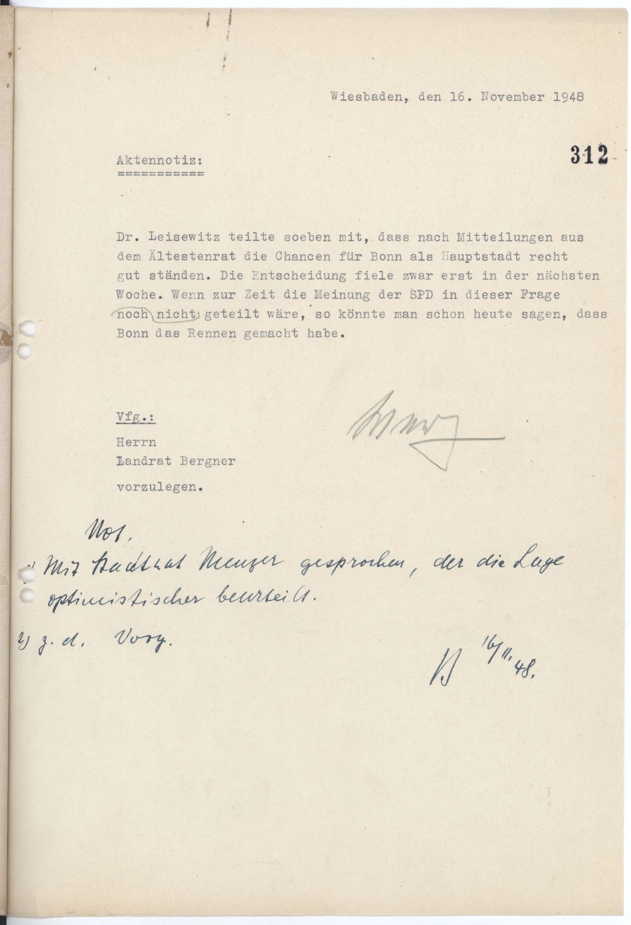 Aktennotiz aus dem Büro der Ministerpräsidenten des amerikanischen, britischen und französischen Besatzungsgebietes vom 16. November 1948 zur Frage der zukünftigen vorläufigen Hauptstadt des westdeutschen Staates.