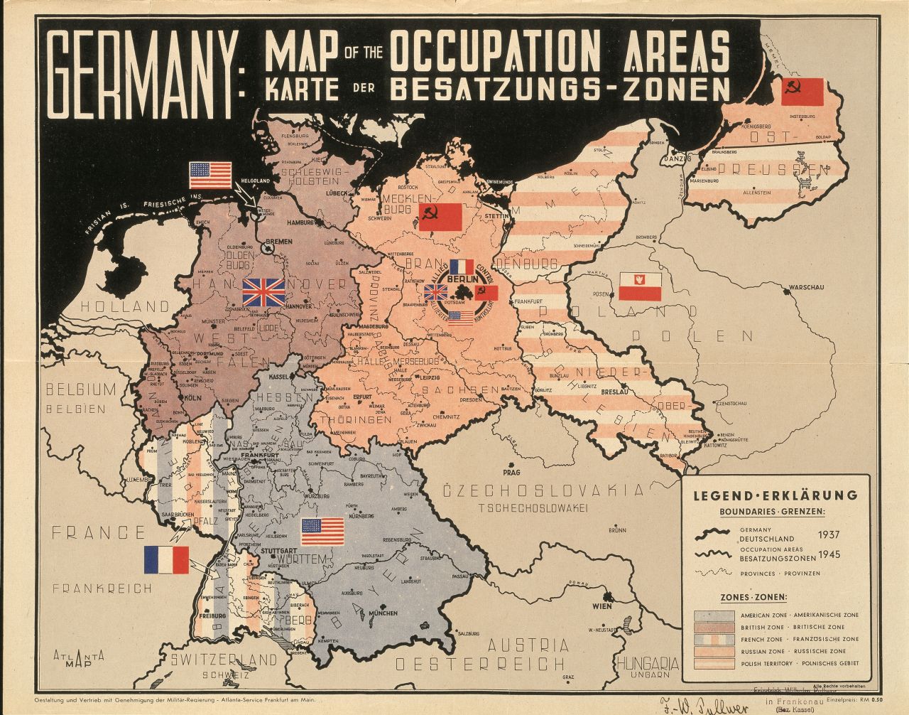 Karte der allierten Besatzungszonen, in die Deutschland nach dem Zweiten Weltkrieg geteilt wurde