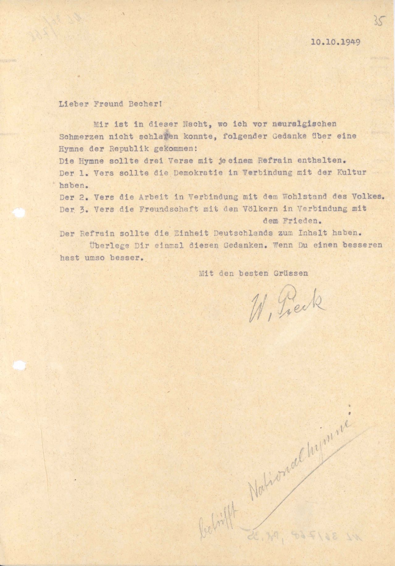 Brief von Wilhelm Pieck an Johannes Becher mit Ideen für DDR-Nationalhymne, 1949