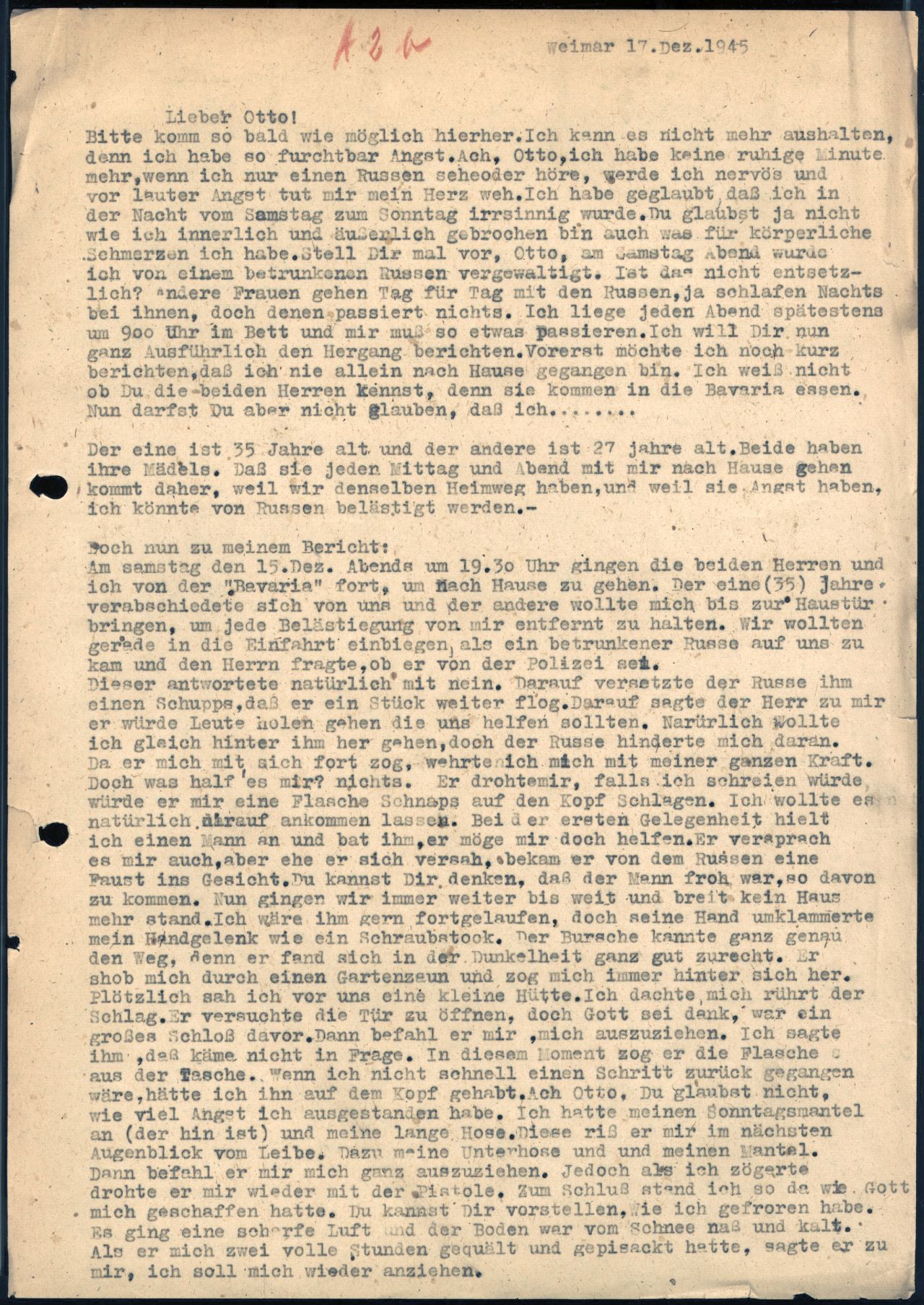 Eine Weimarerin berichtet in einem Brief vom 17. Dezember 1945 an ihren Mann von ihrer Vergewaltigung durch einen sowjetischen Besatzungssoldaten.