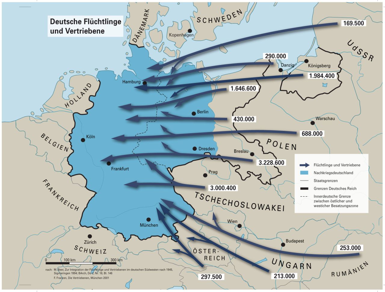 Didaktische Karte der Fluchtbewegungen der letzten Kriegsphase und der Nachkriegsmonate, Stand 1950