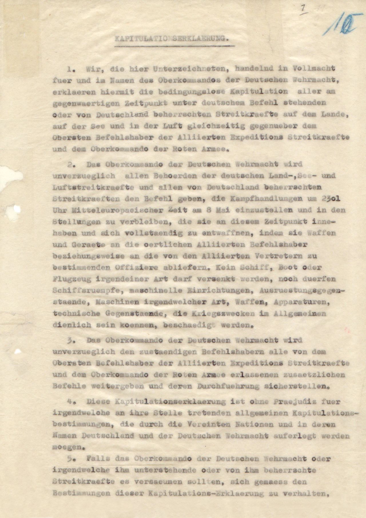 Kapitulationserklärung vom 8. Mai 1945