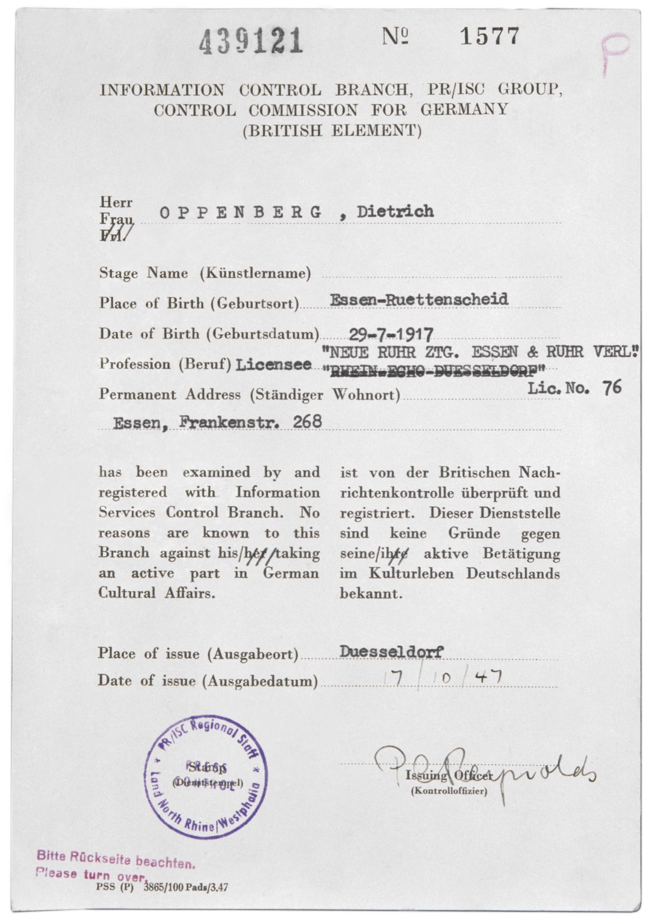 Lizenz der britischen Besatzungsbehörde, 1947