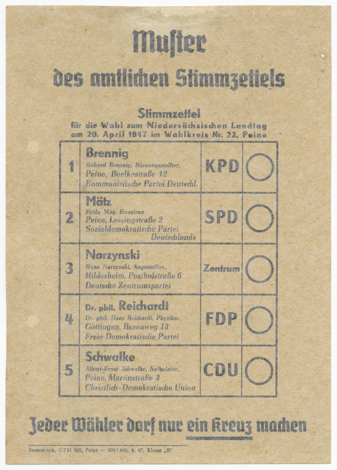 Flugblatt, das ein Muster des amtlichen Stimmzettels für die niedersächsische Landtagswahl am 20.04.1947 zeigt.
Es stehen folgende Parteien zur Wahl:
Kommunistische Partei Deutschlands (KPD)
Sozialdemokratische Partei Deutschlands (SPD)
Deutsche Zentrumspartei
Freie Demokratische Partei (FDP)
Christlich-Demokratische Union (CDU)