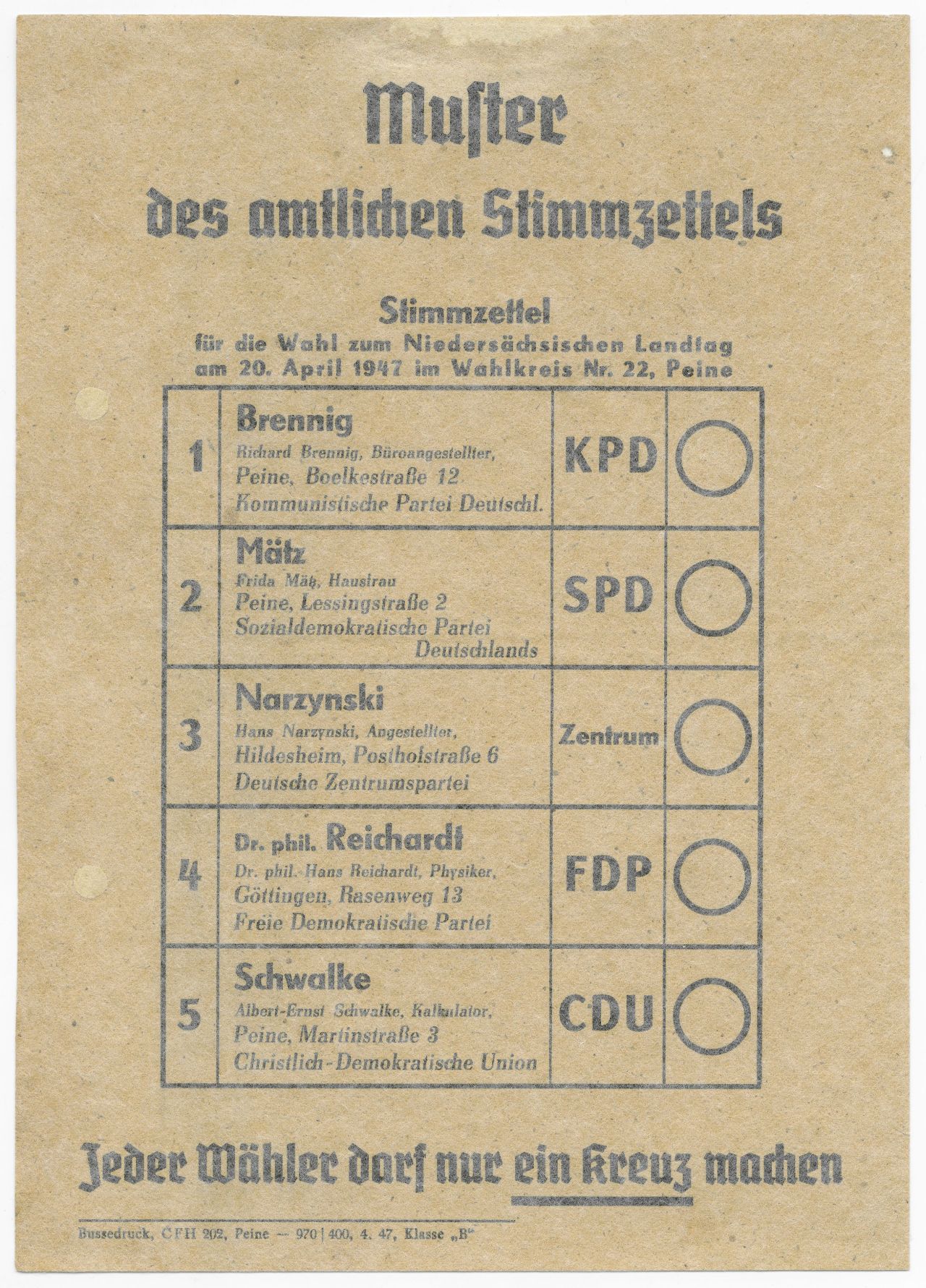 Flugblatt, das ein Muster des amtlichen Stimmzettels für die niedersächsische Landtagswahl am 20.04.1947 zeigt.
Es stehen folgende Parteien zur Wahl:
Kommunistische Partei Deutschlands (KPD)
Sozialdemokratische Partei Deutschlands (SPD)
Deutsche Zentrumspartei
Freie Demokratische Partei (FDP)
Christlich-Demokratische Union (CDU)