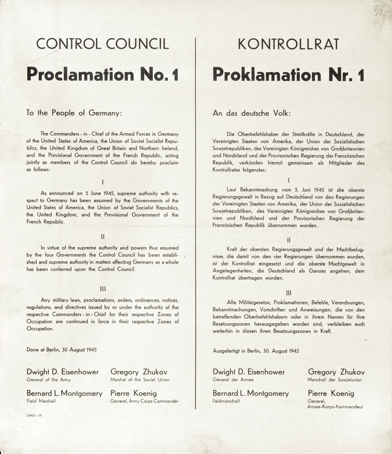 Proklamation Nr. 1 des Alliierten Kontrollrats vom 30. August 1945